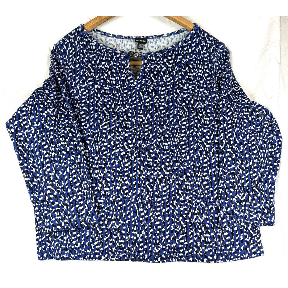 Rafaella Blue Abstract Dot Print Keyhole Top XL Cotton Long Sleeve